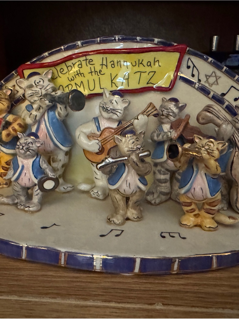 Festive Ceramic Cat Band Hanukkah Figurine - Blue and Gold Accents